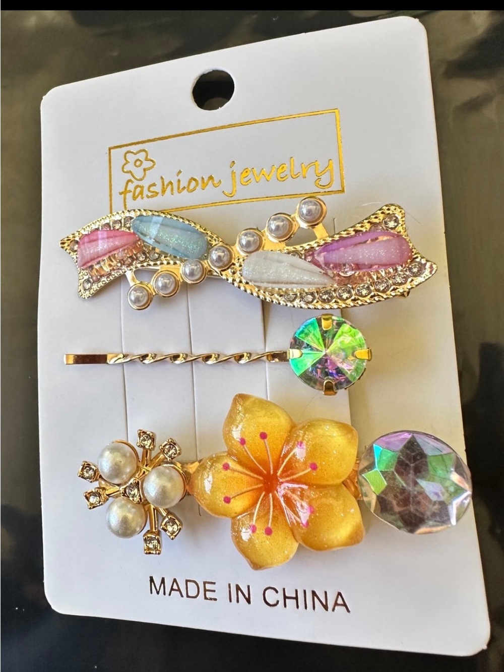 Gold Floral & Gem Hair Clip Set with Yellow Flower